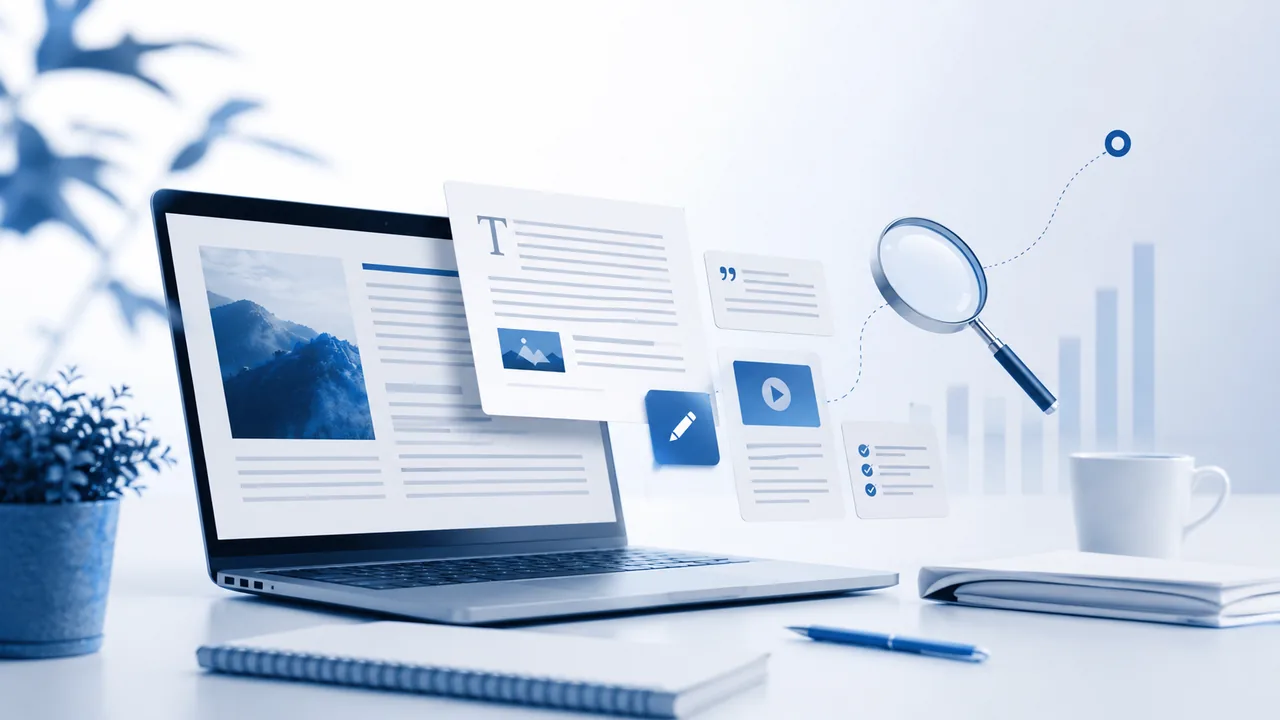 Kreiranje SEO sadržaja, uređivanje tekstova i sadržajni blokovi u modernom digitalnom radnom prostoru.