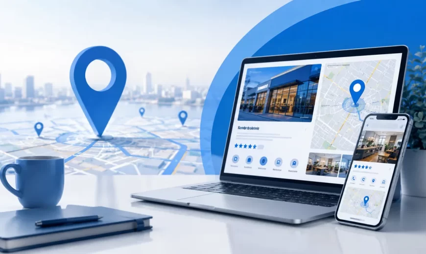 Lokalni SEO, mapa sa lokacijama i poslovni listing prikazani na laptopu i telefonu.