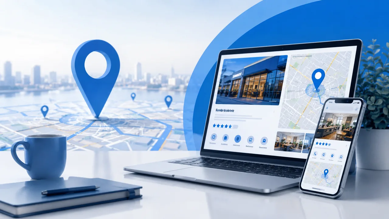 Lokalni SEO, mapa sa lokacijama i poslovni listing prikazani na laptopu i telefonu.