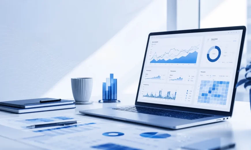 Analitički izveštaji, grafikoni i dashboard za merenje marketing rezultata na laptopu.