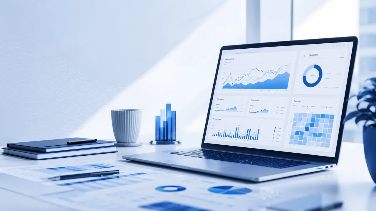 Analitički izveštaji, grafikoni i dashboard za merenje marketing rezultata na laptopu.