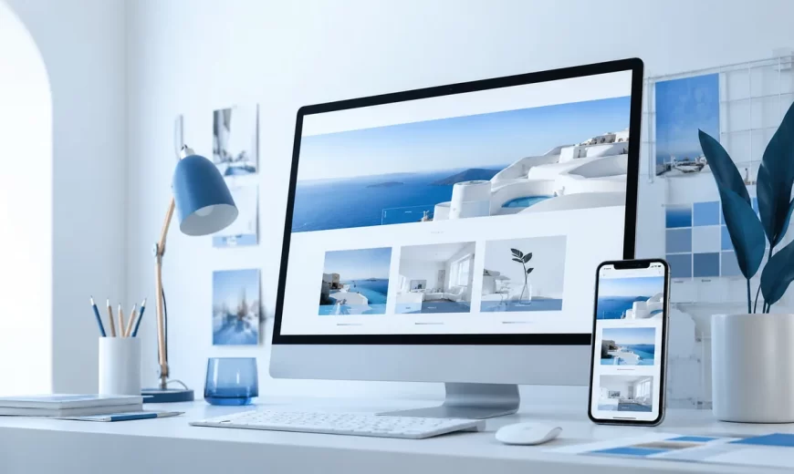 Moderan prikaz web sajta i mobilne verzije u plavo-beloj radnoj atmosferi.